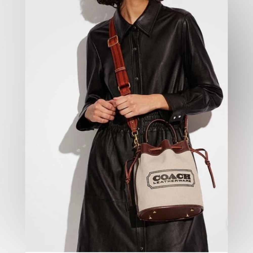 Coach Brown Canvas & Leather Field Bucket Bag with COACH badge, Medium - Picture 13 of 16